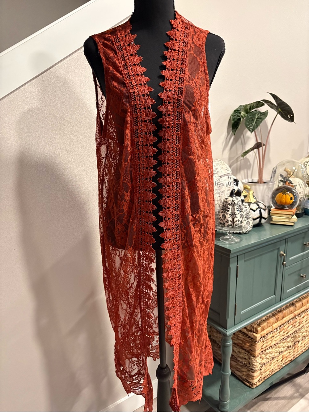Polly & Esther Rust Lace Long Vest